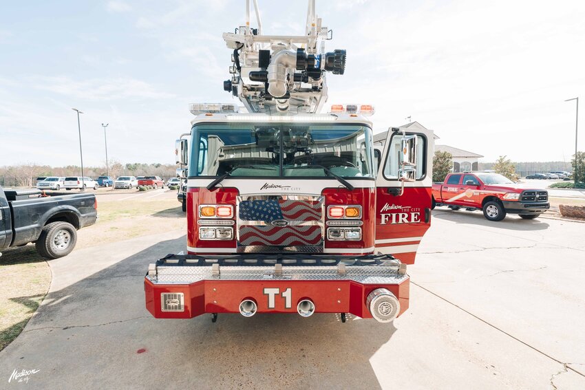 A new 100-foot E-One aerial ladder truck delivered to Madison the City earlier this year is one factor in lowering the city’s overall fire rating.