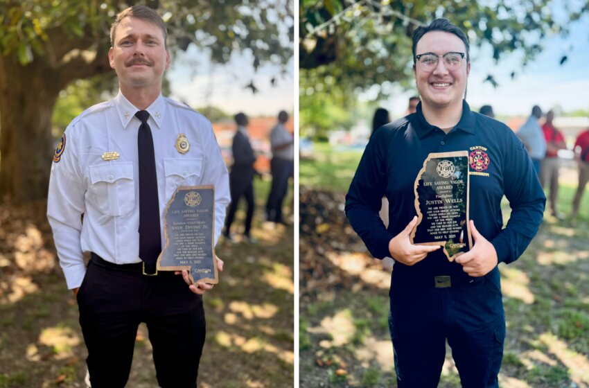 Gluckstadt Fire Department Battalion Chief Andy Divine Jr., left, and firefighter Justin Wells, right, were recently recognized for saving a firefighter whose heart had stopped after being electrocuted.