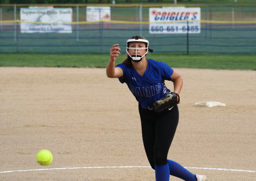 Paris freshman pitcher Reese Sutton tosses a pitch Wednesday in the Lady Coyotes' 15-9 loss to Glasgow at home. Sutton is the team's second pitcher, which Paris needs when the postseason draws closer.