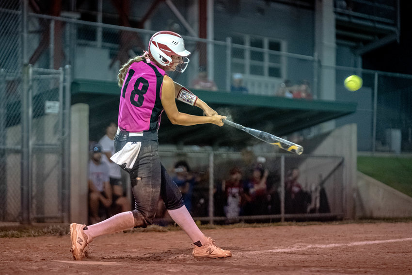 Mexico first baseman Kierstan Epperson hits the game-winning single Tuesday in the Lady Bulldogs' 12-11 victory against Moberly at Gallop Field in Mexico. Epperson finished with three hits and three RBI for Mexico's fourth straight win.