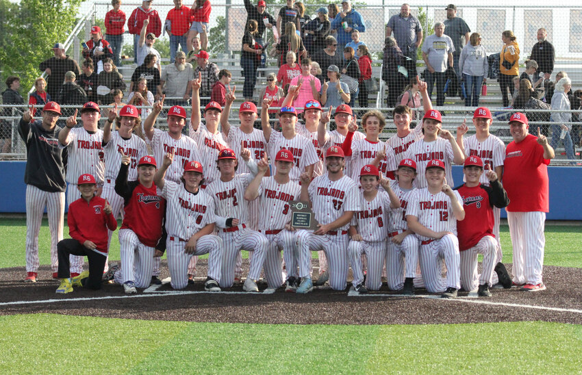 The Community R-6 Trojans won the Class 1 District 12 championship on Tuesday after a 3-0 win against the Cairo at Battle High School in Columbia. The team that won the program's first title since 2001 includes, in the back from left, head coach Joel Krato, Darren Hays, Ean Johnson, Aaron Carter, Drake Welch, Clayton Jennings, Mason Rohan, Brant Cope, Pacey Cope, Tucker Cox, Eli Johnson, Shane Woodson, Cooper Rohan and coach Jeff Angel. In the front, from left, are Carter Schafer, Kaiden Erdel, Lane Carter, Ayden Meranda, Mason Carroll, Gavin Allen, Matthew Utterback, Gage Shamblin, Kyler Swaim and Chase Dobbins.