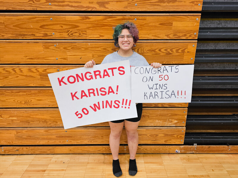 Mexico senior Karisa Hayden celebrates after Saturday's Seckman tournament for reaching 50 career wins.