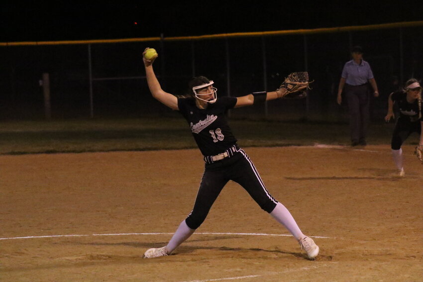 Centralia sophomore Jaylynn Brown pitches against Mexico on Tuesday in Centralia. Brown came close to a perfect game while tallying 15 strikeouts.