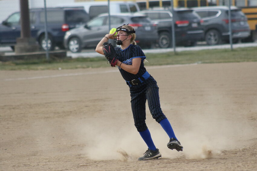 Paris sophomore second baseman Sylvee Graupman throws to first base for an out on Wednesday at Community R-6 in Laddonia.