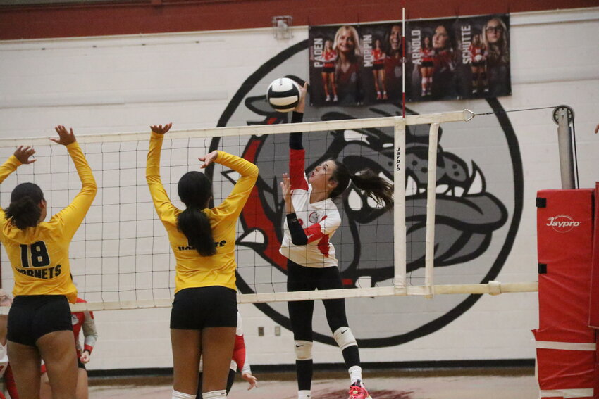 Mexico senior Emily Moppin goes for a kill in an earlier match this season against Fulton in Mexico.