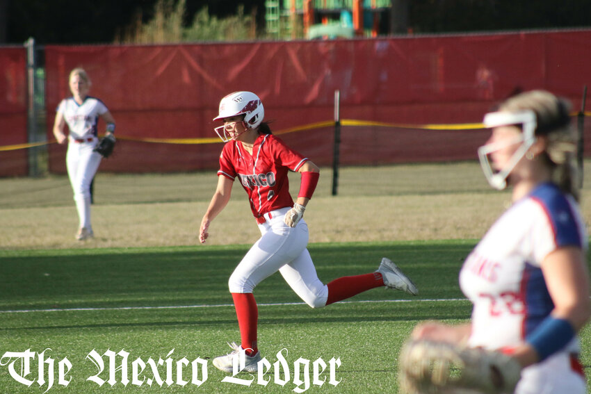 Mexico junior Kaleigh Samuelson runs toward third base during Tuesday's home victory over Moberly.