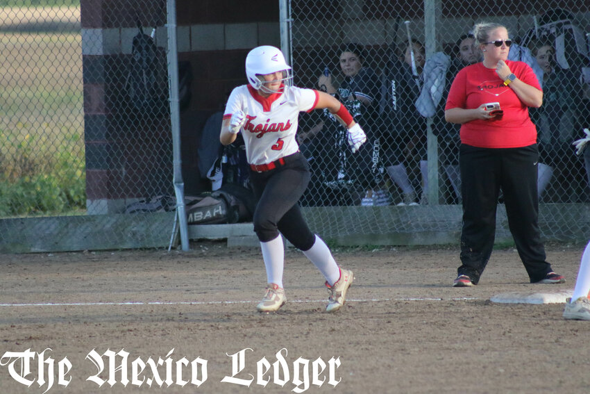 Community R-6 junior Chloe Johnson breaks toward second base against Westran on Wednesday at home.