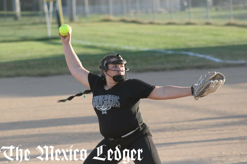 North Callaway senior Lauren Speight pitches against Mark Twain on Tuesday during Senior Night in Auxvasse. Speight pitched all seven innings in the 13-6 win.