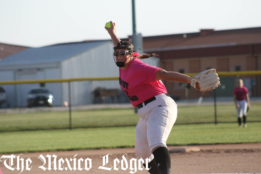 Van-Far senior Reeve Woodall pitches against Hermann on Wednesday at home in Vandalia during Pink Out night. Woodall went seven innings for the first time in a 7-3 victory over the Lady Indians' district foe.