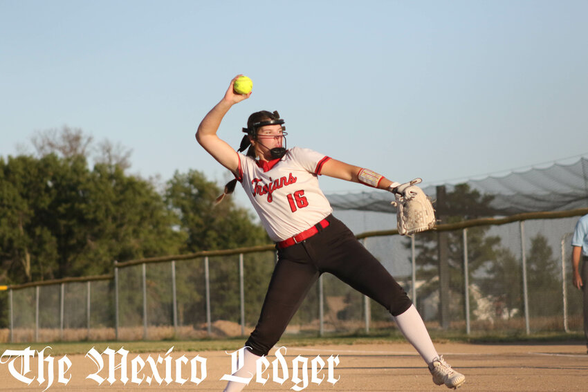 Community R-6 junior Jocelyn Curtis pitches against Montgomery County on Monday at home in Laddonia.