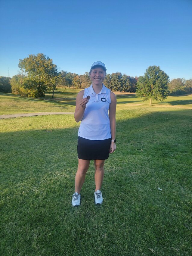 Centralia junior Kyla Spickert poses after earning an all-district medal on Monday at the Class 2 District 2 tournament at Eldon Golf Club in Eldon. Spickert finished sixth to earn a trip to the state meet next week in Nixa.