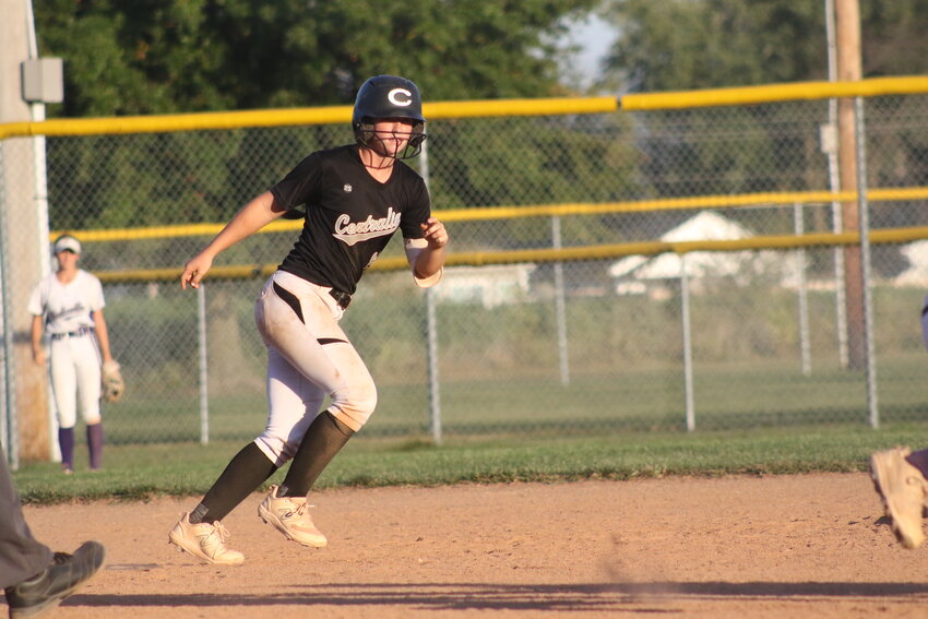 Centralia junior Madi Johnson moves back to first base during the Centralia Invitational championship game this season against Hallsville.