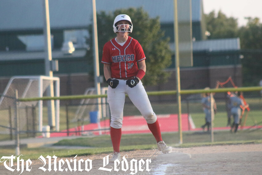 Mexico junior Hannah Loyd roars toward her dugout after hitting a go-ahead two-RBI triple against Fulton last Thursday at Gallop Field in Mexico.