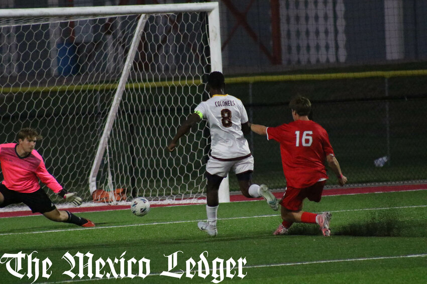 Missouri Military Academy senior Alexander McBride scores a goal against Mexico earlier this season. McBride scored a goal on Tuesday at home in a 4-1 victory against Southern Boone.