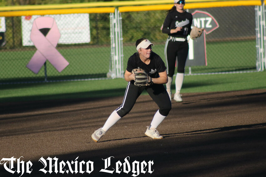 Centralia junior Madi Johnson prepares to throw to first base for an out against Boonville on Wednesday in the first round of the Class 3 District 4 tournament at Southern Boone in Ashland.