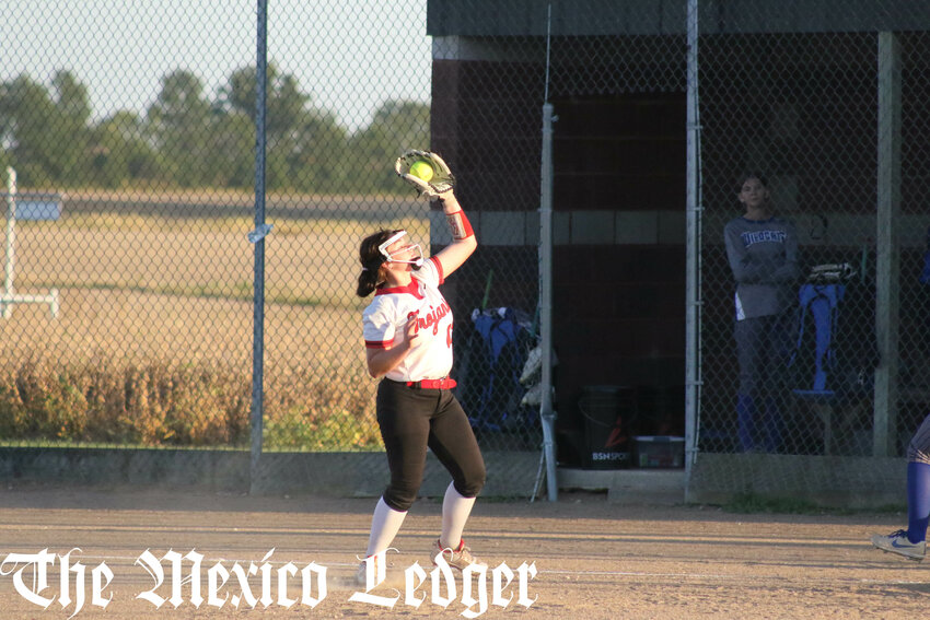 Community R-6 freshman Myla Carroll catches a popup in an earlier home game this season. Carroll reached base every time in her district debut on Thursday in Laddonia.