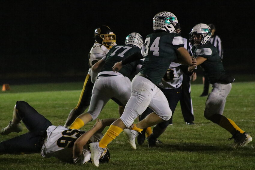 North Callaway sophomore Jaiden Galbreath sheds a Van-Far tackler on Friday in the Thunderbirds' 42-22 victory at home for Senior Night in Kingdom City.