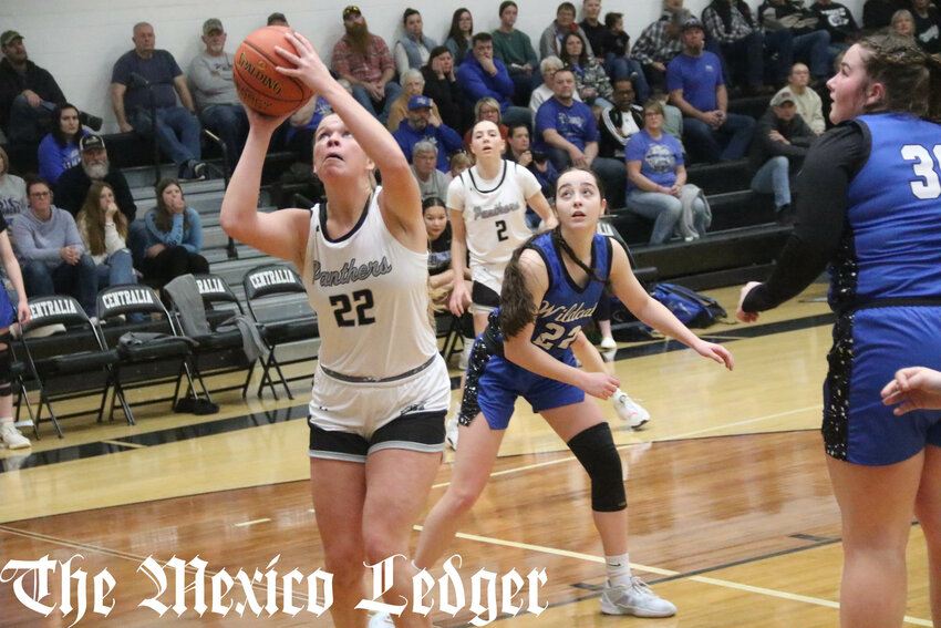 Centralia senior Bailey Schuering shoots at the rim against Montgomery County during Centralia's district championship victory on March 1 in Centralia. The Lady Panthers' season ended in a Class 3 quarterfinals game at Principia on Saturday.