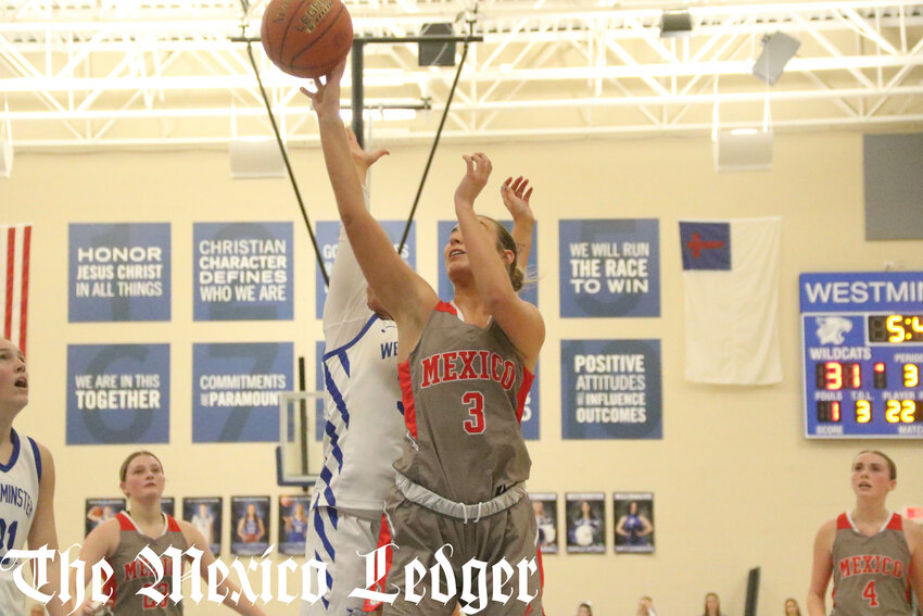 Mexico senior Claire Hudson puts back a miss against Westminster Christian Academy on Tuesday in a Class 4 girls state sectional game at Westminster Christian Academy in Town and Country.