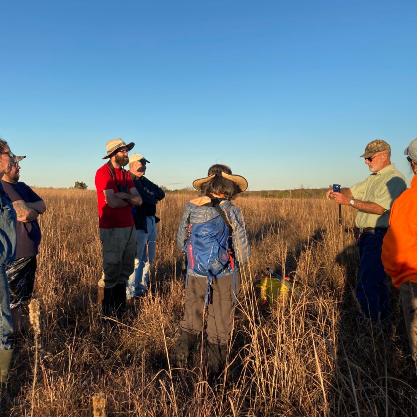 New Master Naturalist members Jerricho Jonker and Jacob Mace learn the protocol for monitoring Barn Owl nesting boxes from senior volunteers with Hi Lonesome Chapter and landowner Susan Lorde Marker.