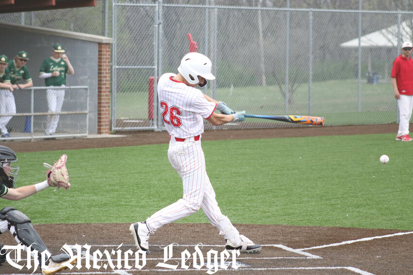 Mexico senior Austin Maxwell hits a double down the third-base line against Lafayette (St. Joseph) on Friday in Mexico.