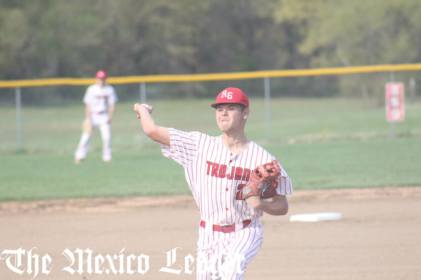 Community R-6 junior Cooper Rohan pitches against New Franklin on Tuesday at home in Laddonia.