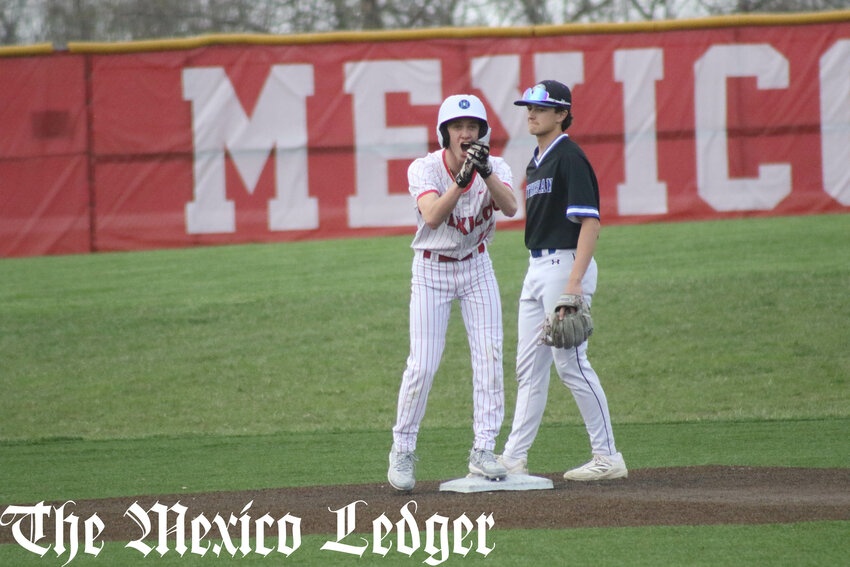 Mexico junior Brady Fox celebrates after a hit in an earlier home game this season.