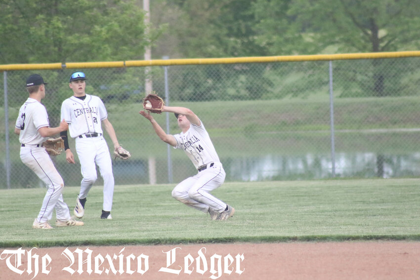 Centralia senior Henry Bohlmeyer moves under a ball to catch it against North Callaway in an earlier home game.