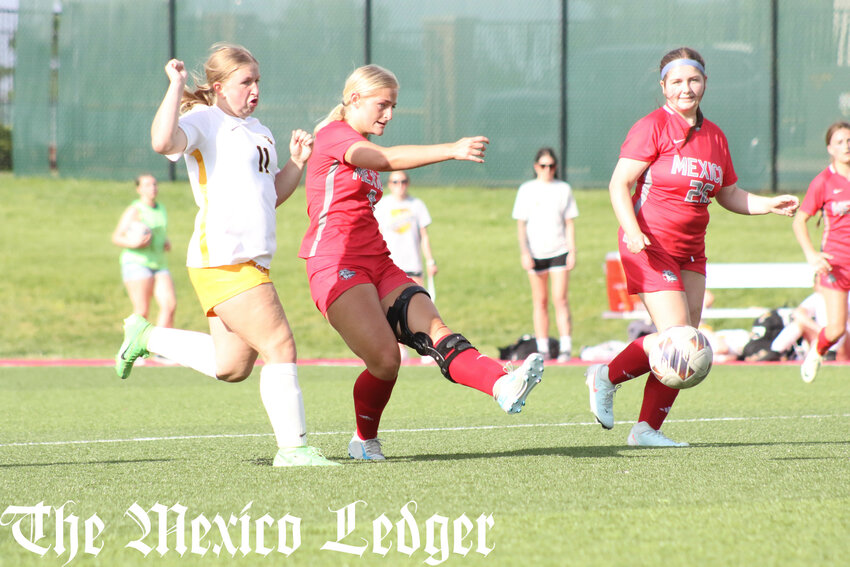 Mexico senior Addison Paden scores her first career goal against Fulton on Monday during Senior Night on Chris Hotop Field in Mexico.