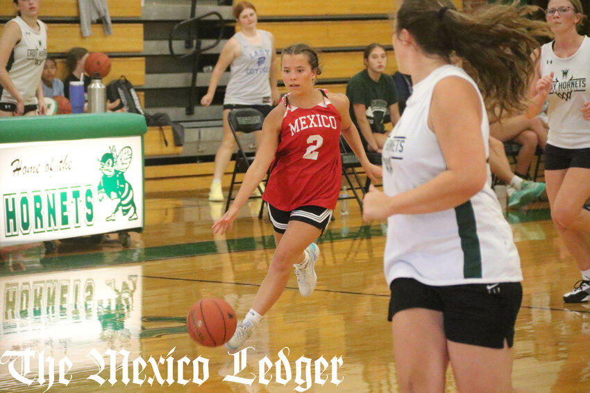Mexico sophomore Bentley McCarty dribbles the ball against Westran on June 5 during the Westran Shootout in Huntsville.