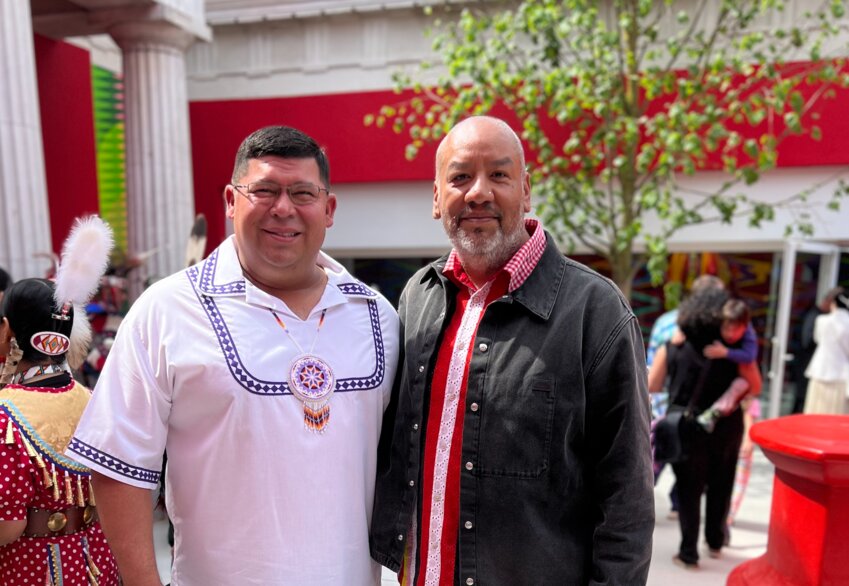 Mississippi Band of Choctaw Indians Tribal Chief Cyrus Ben poses for a photo with artist Jeffrey Gibson in Venice, Italy.
