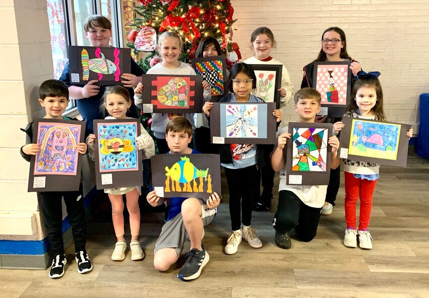 Neshoba Central Elementary School students who have their art on display in the county hospital include, first row, from left, Paxton Posey, Harper Pope, Zac Broom, Tristan Thompson and Vanna Vowell. In back are Gavin Ladd, Kadence Smith and Aizlyn Wilson.
