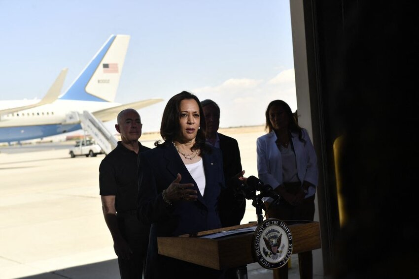 Congresswoman Rep. Veronica Escobar (TX-16) (R), Secretary Of Homeland Security Alejandro Mayorkas (L) and Senator Dick Durbin (D-IL) (2nd-R) listen as US Vice President Kamala Harris speaks during a press conference at El Paso International Airport, on June 25, 2021 in El Paso, Texas. - Vice President Kamala Harris on Friday, visited a Customs and Border Protection processing facility, and met with advocates and NGOs. (Photo by Patrick T. FALLON / AFP) (Photo by PATRICK T. FALLON/AFP via Getty Images)