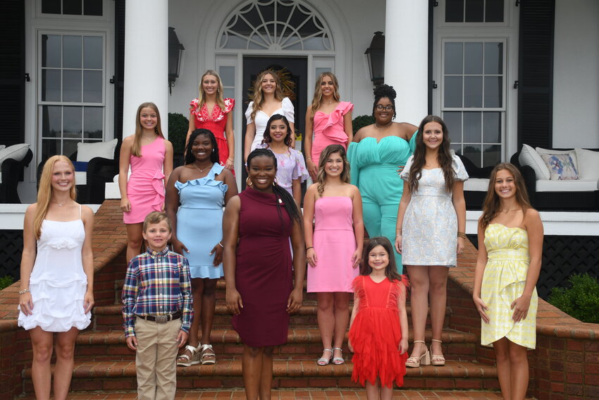 Pictured are, top row from left, Freshmen Maids Madelyn Mae Myers, Ely Kilgore, and Addy Walker Phillips; second row: Sophomore Maids Sloane Blackstock, Callie Tubby, and Zylah Woodward; third row: Junior Maids Kenadi Stallings, Bree Winstead, and Avery Kate Holland; fourth row: Senior Maids Ella Jai Elliott, Marlee Washington, and Gracey Dertinger; front row: Attendants Burkes Breland and Brantley Grace Edwards.