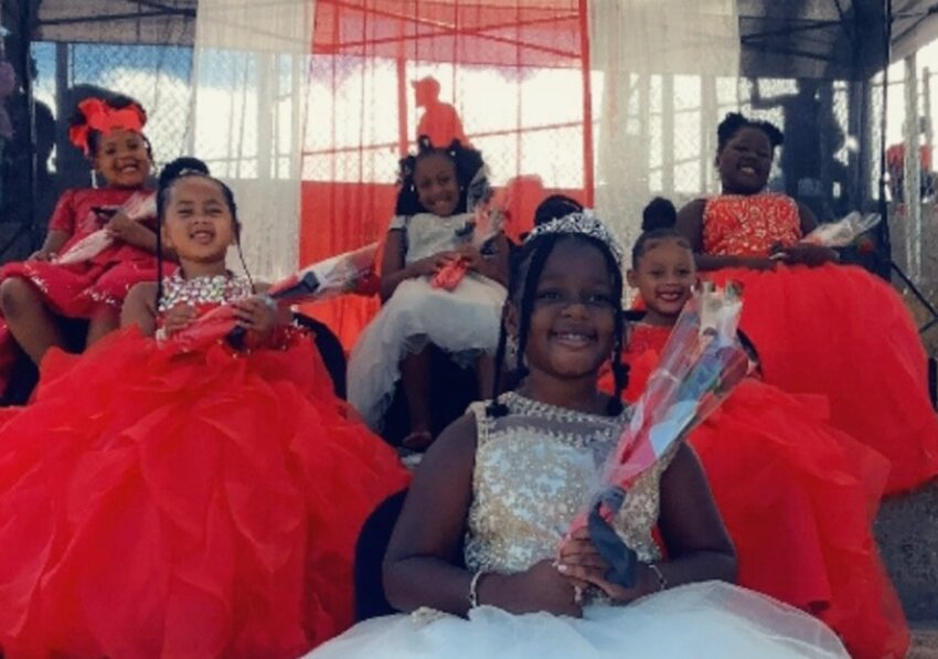 Pictured, front row, is Queen Madilyn Lewis (Middle) Tinamite Maids Lyric Shannon and Jamilah Morgan (Back) Midget Maid Taraji Shannon, Peewee Maid D’Ziyah Warren, and Midget Maid Heaven Taylor.