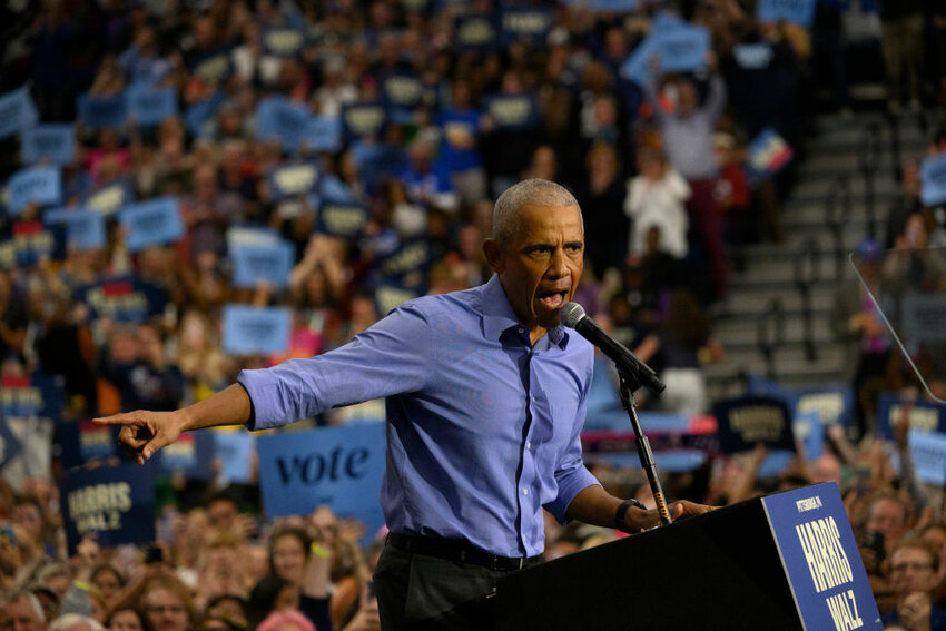 PITTSBURGH, PENNSYLVANIA - OCTOBER 10: Former U.S. President Barack Obama speaks during a campaign event for Democratic presidential nominee, U.S. Vice President Kamala Harris at the University of Pittsburgh on October 10, 2024 in Pittsburgh, Pennsylvania. (Photo by Jeff Swensen/Getty Images)