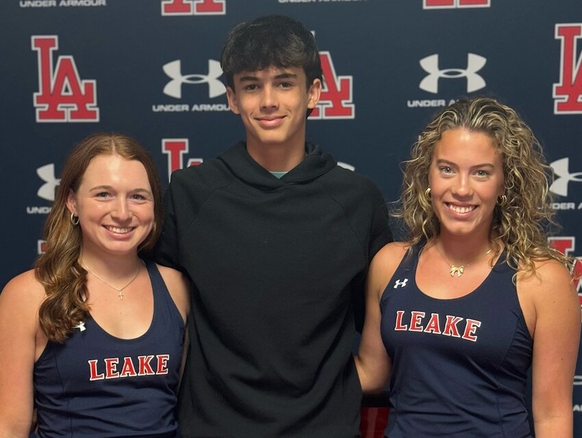 Leake Academy will send three players to the Class 5A state Tournament this week at Ridgeland Tennis Center. On the left is sophomore Taylor Allen who will compete at No. 1 girls singles while eighth grader William Warner will compete at No. 1 b boys singles. Senior Shelby Rudolph will compete at No. 2 girls singles. Allen and Warner won both District 2-5A and 5A North state en route to the state tournament while Rudolph was runner-up in both events.