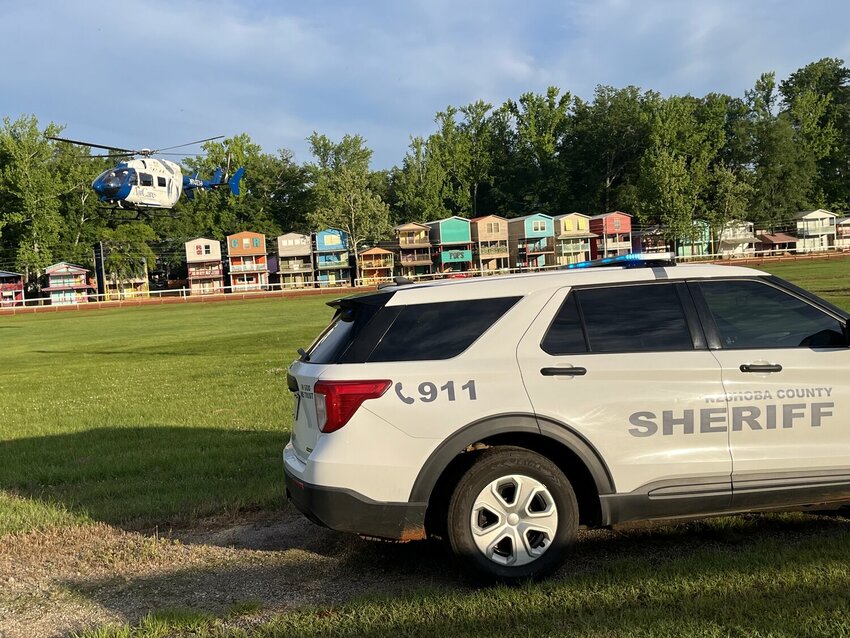 A man working on a Neshoba County Fair cabin fell from a second story on Wednesday afternoon and was airlifted from the Fairgrounds.
