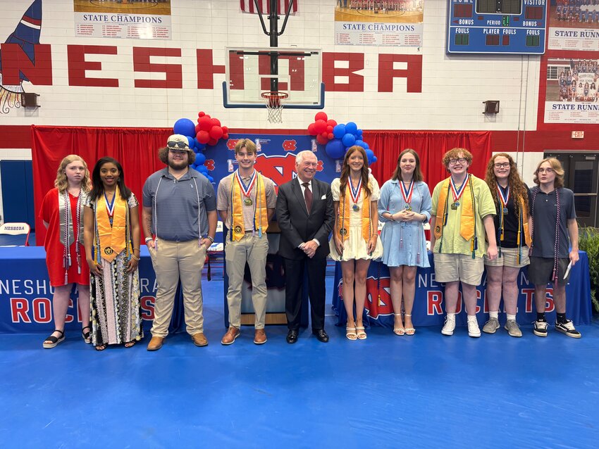 Neshoba Central High School seniors receiving Dan Davis Scholarships were, from left, Paisley Lovern, Katelyn Sanders, Kelton Ulmer, Dylan Spears, Davis, Addisyn Clark, Bethany Fortenberry, Kaleb Yandell, Jenna Yandell, and Hayden Yandell. Not pictured are Tyler Fisher and Jasmine Yarbrough.
