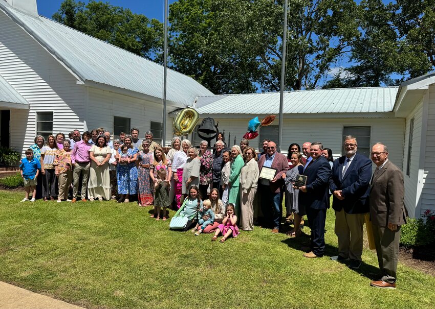 White Oak Baptist Church celebrated 200 years of worship on Sunday, May 4, with a special service and a potluck meal. Pictured, standing from left, are Jack Sullivan, Becky Barrett, Melanie Thorton, Amanda Clark, Linda Smith, Rhett Stovall, Ben Barrett, Caden Stovall, Evan Sharp, Eli Sharp, Heather Thompson, Eric Sharp, Lisa Thompson, Turk Stovall, Hailey Thompson, Ezra Ward, Matt Ward, Pam Wilcher, Connie Thompson, Dennis Wilcher, Sawyer Fairchild, Georgia Fairchild, Cynthia Coats, Sara Adams Dalton, Patricia Thompson, Jackie McMurry, Taloa Thompson, Pat Jones, Ann Vowell, Belvia Hemphill, Kay Snow, Randy Pigg, Mike Snow, Alex Thompson, Laura Cole, Howard Cole, Andrew Phillips, Dwan Thompson, David Addy, and Dr. Rory Lee. Seated are Anne Clair, Callie Pigg, Parker Pigg, and Piper Cole.