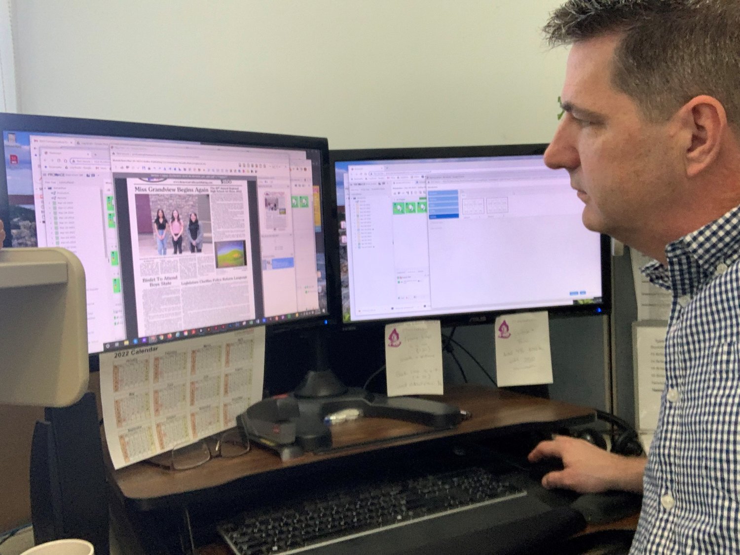 Russ Dixon, production manager in Wenatchee, Washington, softproofs post-RIP pages.