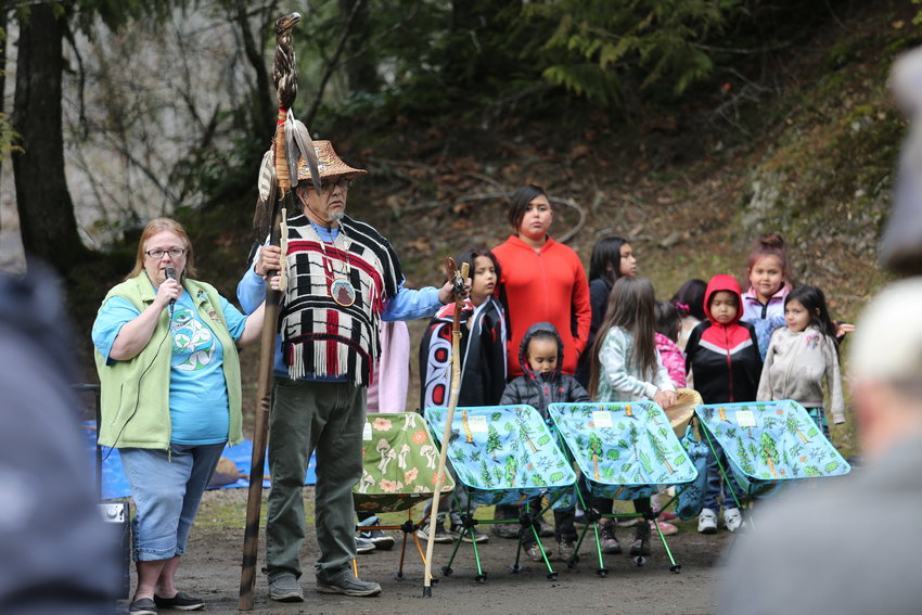 LaTrisha Suggs, a member of the Jamestown S’Klallam Tribe and Port Angeles city councilmember, stands with Sul ka dub, also known as Freddie Lane, during a speech at the rally.