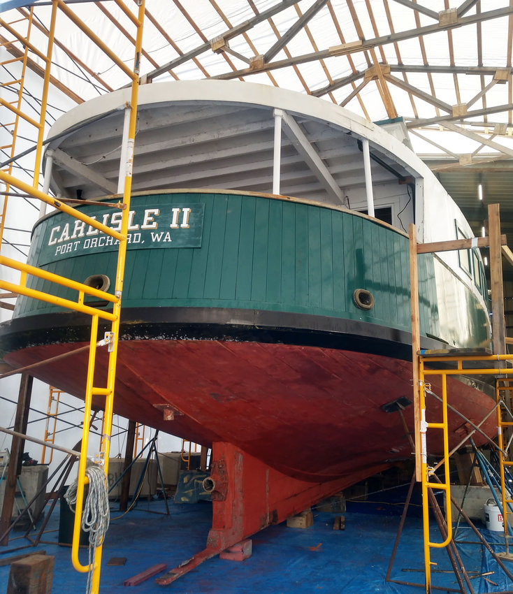 The Carlisle II, blocked up and under cover at Haven Boatworks.