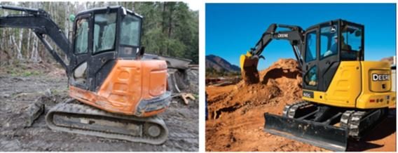 At left is the stolen excavator recovered during a burglary investigation by the Jefferson County Sheriff's Office; at right is a John Deere model with original paint.