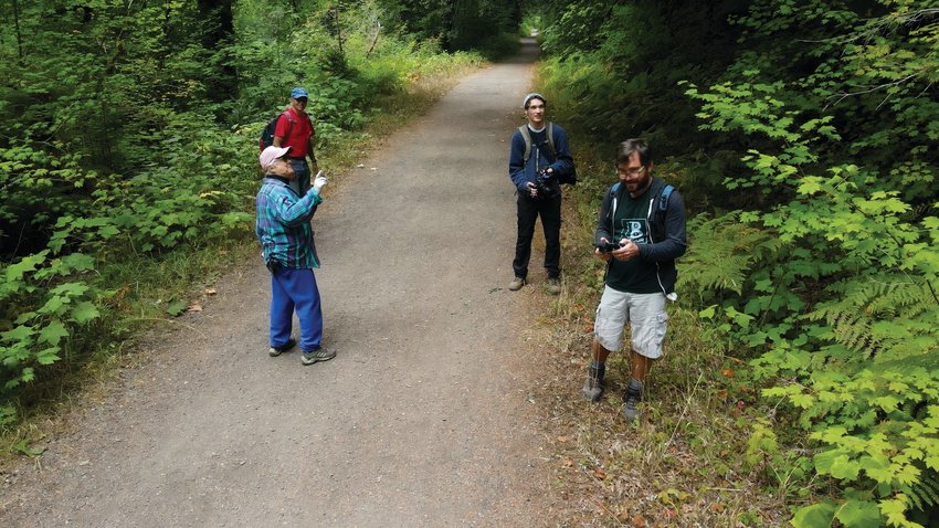 Joe and Joy Baisch, Ewen LeRest, and Greg Brotherton hang out on the Dosewallips River trail close to Brinnon, using a drone for overhead shots.