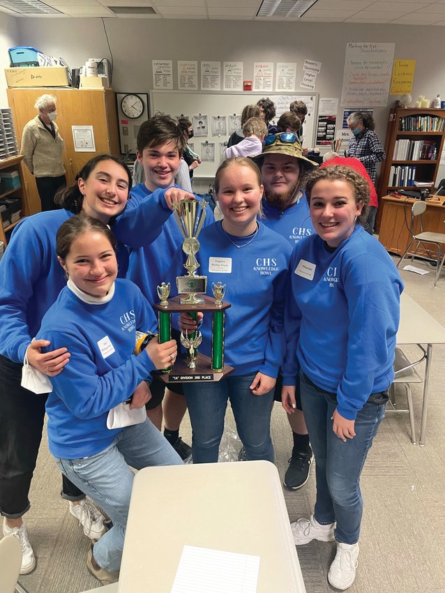 The Chimacum Knowledge Bowl team: Viola Frank, Ava Vaughn-Mifsud, Micajah Shiflett, Captain Eugenia Frank, Cameron Johnson, and Tiffany Bell.