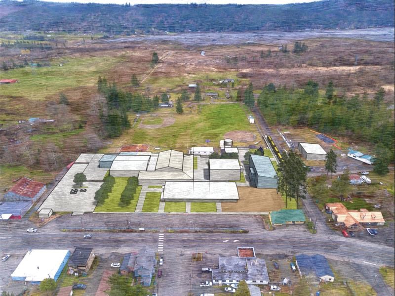 An artist&rsquo;s rendition shows how the two-story elementary school (green building, at right) will fit onto the Quilcene school&rsquo;s campus.
