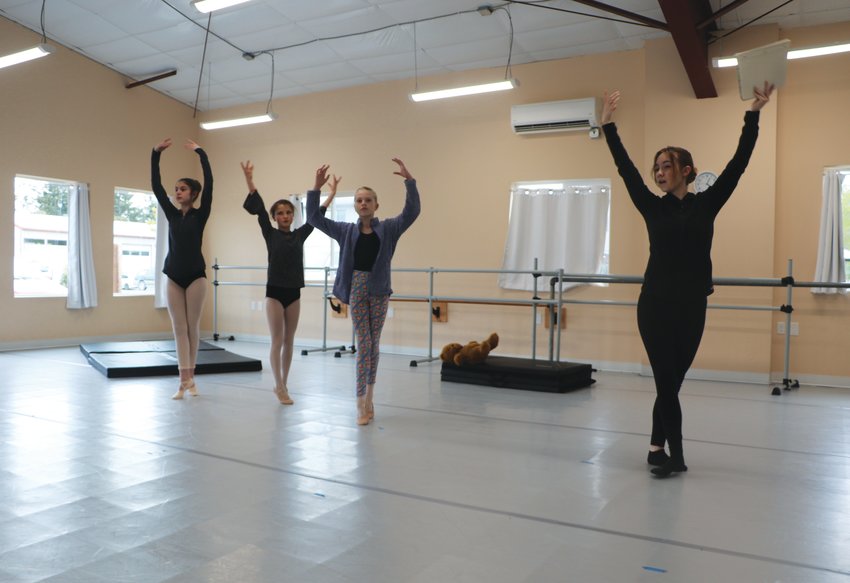 From Left: Cadence Hartland, 15, Molly Yanoff-Odell, 11, Cricket Douglas, 11, and Instructor Anna Tallarico in rehearsal for their spring performance of &ldquo;Peter Pan.&rdquo;