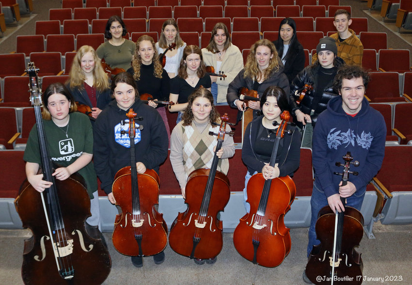The Port Townsend High School Chamber Ensemble includes (front row) Sage Brotherton, Akeyla Behrenfeld, Adeline Gellert DePalma, Madelynn Chenruk-Geelan, and William Hiegel; (middle row) Anabel Moore, Maeve Kenney, Sophia Kunka, Camryn Hines, and Matia Simmons-Reimnitz; and (back row) Magdaline Ferland,   Aliyah Yearian, Juniper Cervenka, Leona Lee, and Dustin Hines. Not pictured is Sophia Lumsdaine.