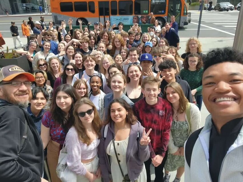 Young violin virtuoso Randall Goosby takes a selfie with the Port Townsend students following his concert with the LA Philharmonic.